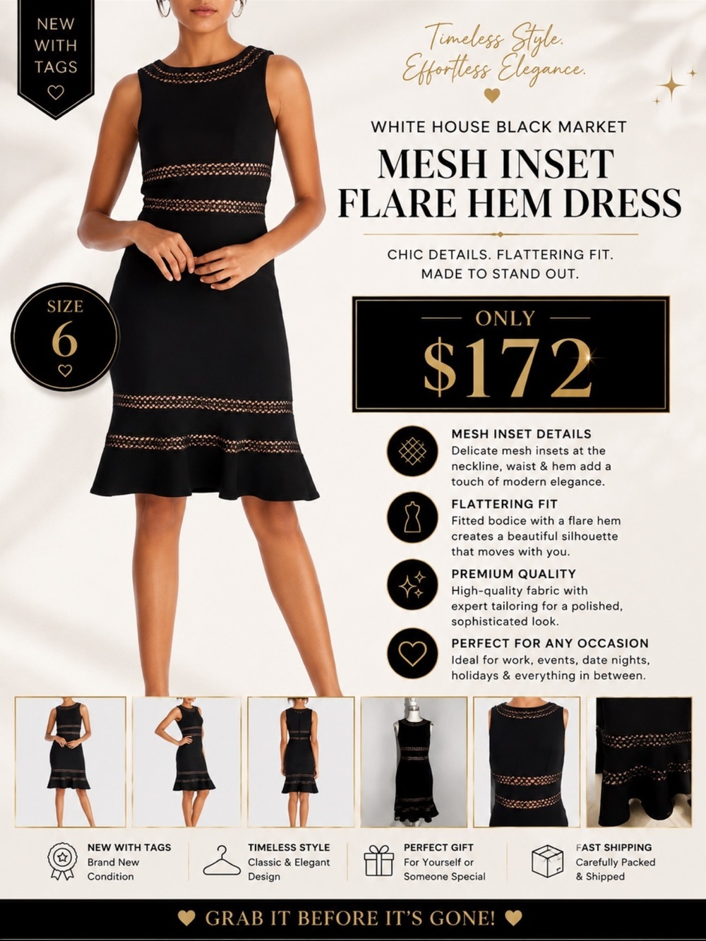 NWT White House Black Market Sleeveless Mesh Inset Flare Hem Dress size 6